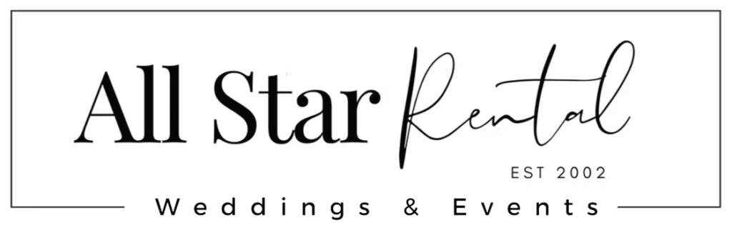 Logo for All Star Rental, with the words Weddings & Events written below in a clean, elegant font. The design has a modern and sophisticated look.