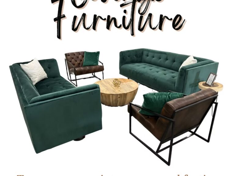 Two green velvet sofas, two brown leather armchairs with black frames, and a round wooden coffee table are arranged in a seating area under the words “Unique Furniture.”.