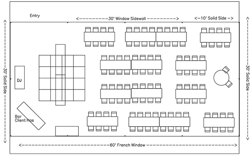 Diagram of an event space layout with rectangular tables and chairs, a DJ booth, bar area, and a round table, all labeled; entry is at the top, French windows on the bottom, solid sides on left and right.