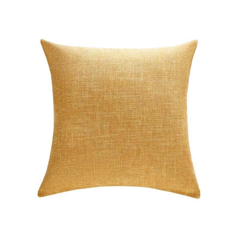 Square mustard yellow throw pillow with a subtle woven texture, shown against a plain white background.
