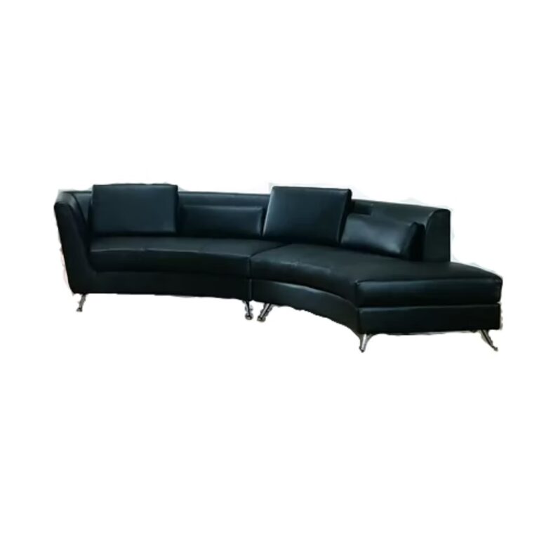 Black modern curved sectional sofa with three matching cushions and metal legs, set against a white background.