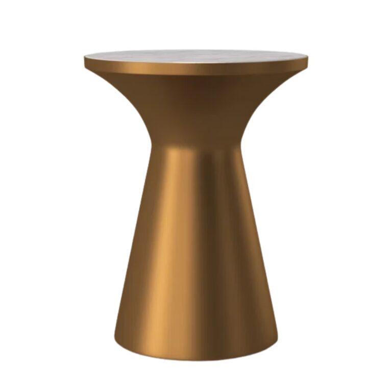 A small, modern side table with a round white top and a flared, cone-shaped gold base.