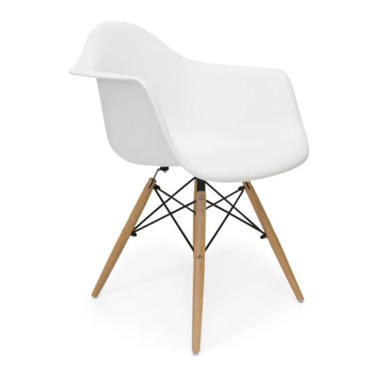 A modern white plastic armchair with wooden legs and black metal cross supports, photographed against a plain white background.