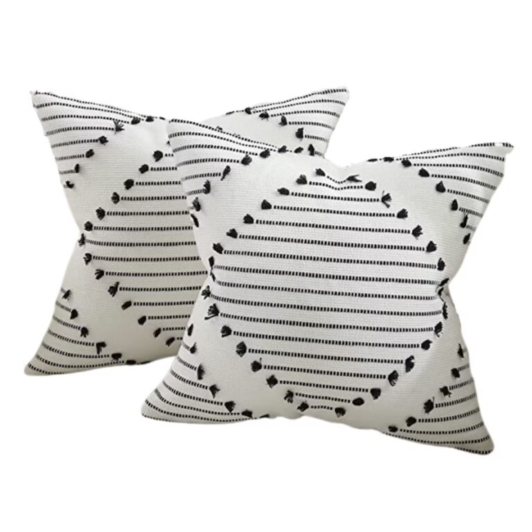 Two decorative square pillows with a white background, featuring black horizontal stripes and a large circular dotted pattern in the center, arranged with one pillow slightly overlapping the other.