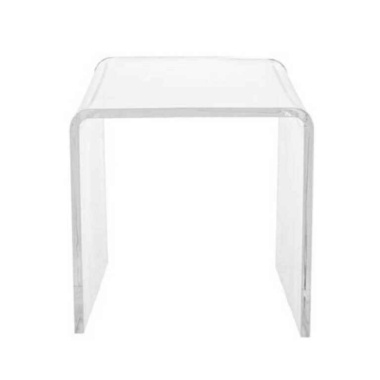 A clear acrylic side table with a simple, modern design, featuring a single bent piece forming the top and two legs.