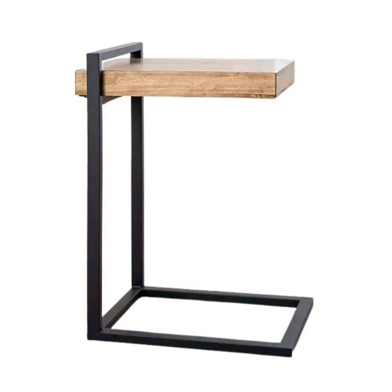 Modern C-shaped side table with a wooden top and black metal frame, designed to slide under a sofa or chair for convenience.