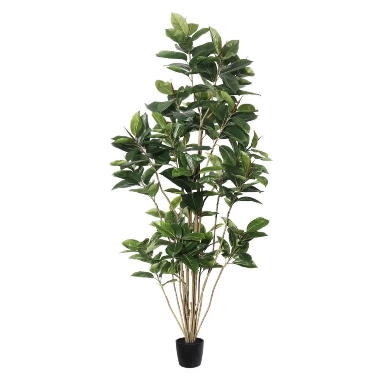 A tall artificial potted plant with multiple slender stems and dense, glossy green leaves, displayed against a plain white background.