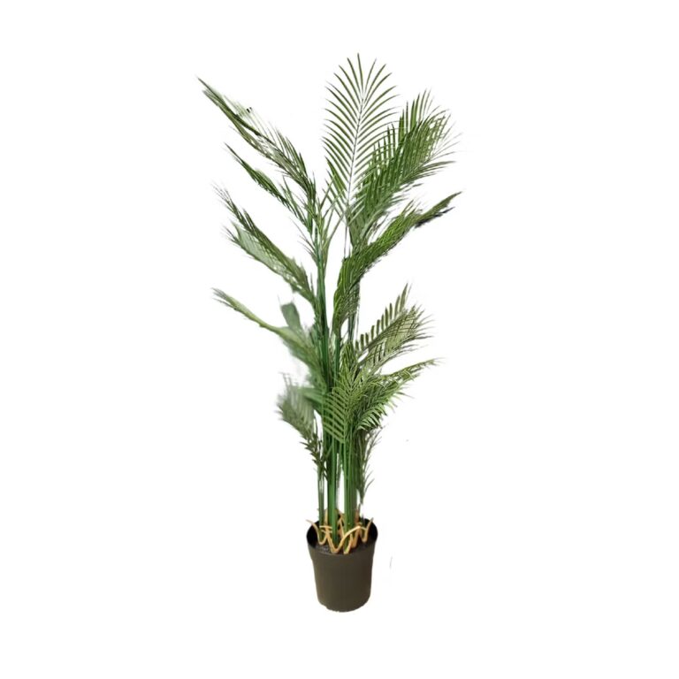 A tall potted artificial palm plant with multiple green fronds, placed in a black container against a plain white background.
