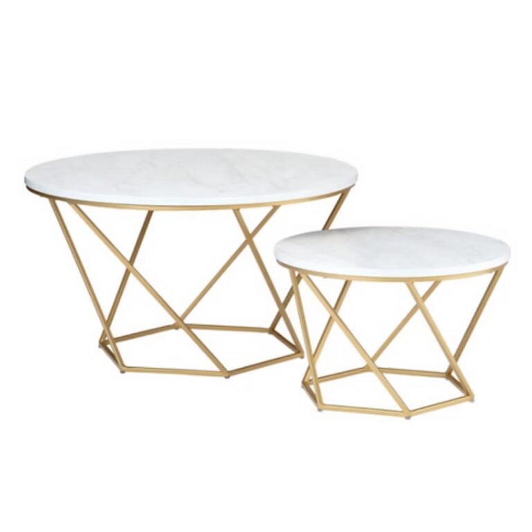 Two round coffee tables with white marble tops and geometric gold metal bases, one larger and one smaller, positioned side by side.