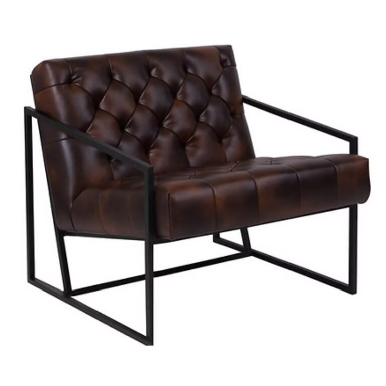 A modern accent chair with dark brown tufted leather upholstery, black metal armrests, and an open geometric frame.