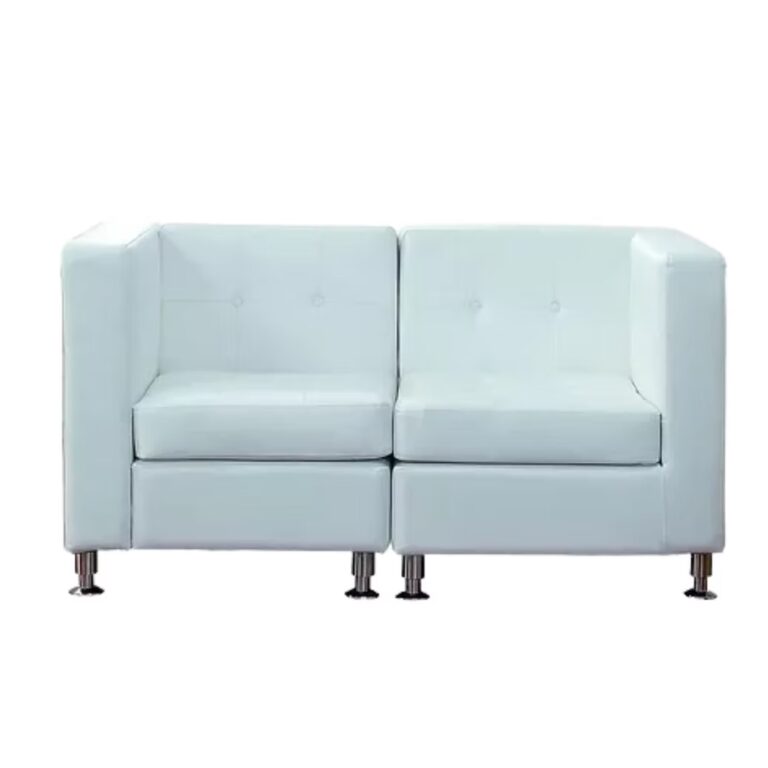 A modern, light blue two-seater sofa with square armrests and backrest, supported by six metal legs, against a plain white background.