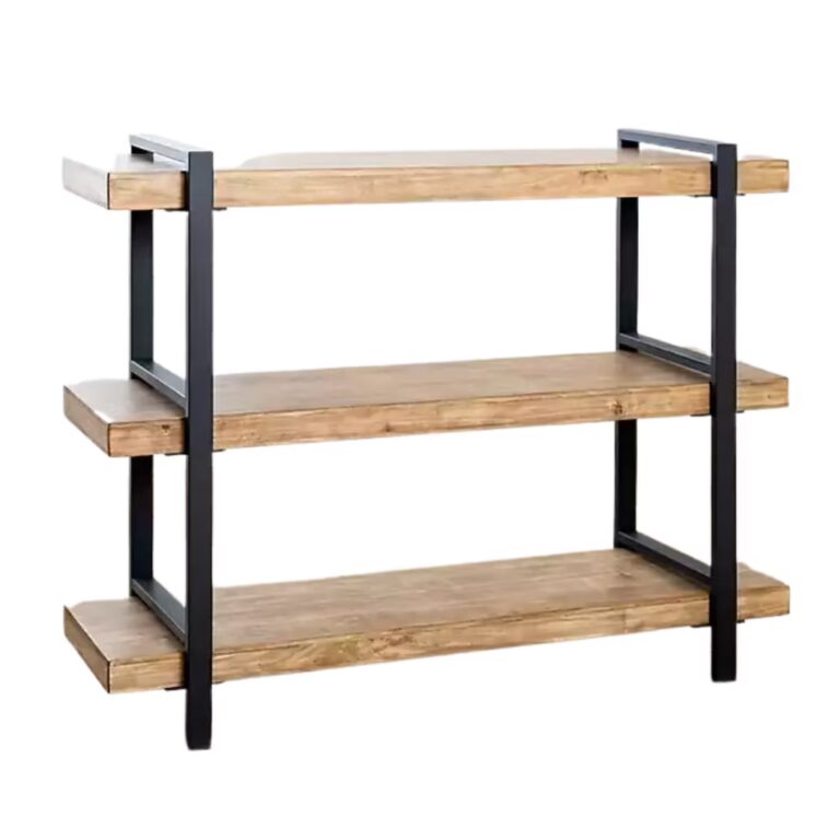 A three-tier wooden shelving unit with black metal frame supports on each side, featuring rectangular shelves and an industrial, modern design.