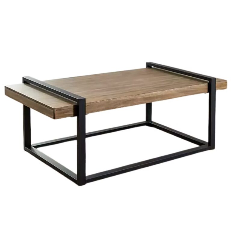 A modern rectangular coffee table with a wooden top and a black metal frame, featuring open sides and a minimalist geometric design.
