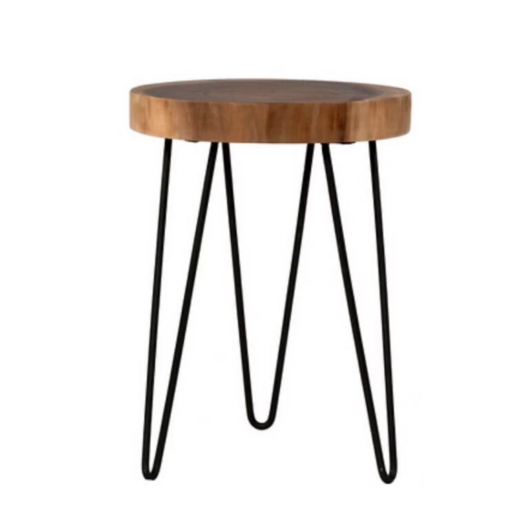 A small round side table with a thick wooden top and three black metal hairpin legs, set against a plain white background.