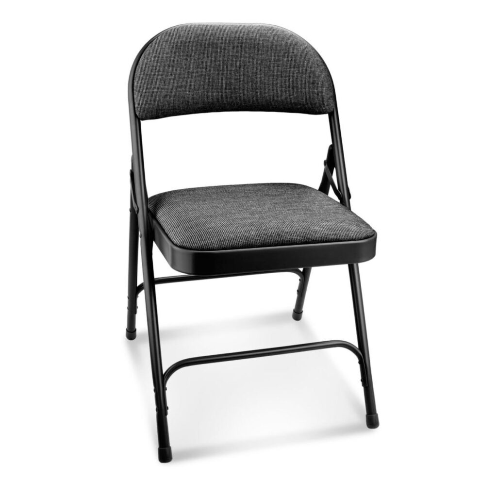 A black metal folding chair with padded, dark gray fabric seat and backrest, positioned on a white background.