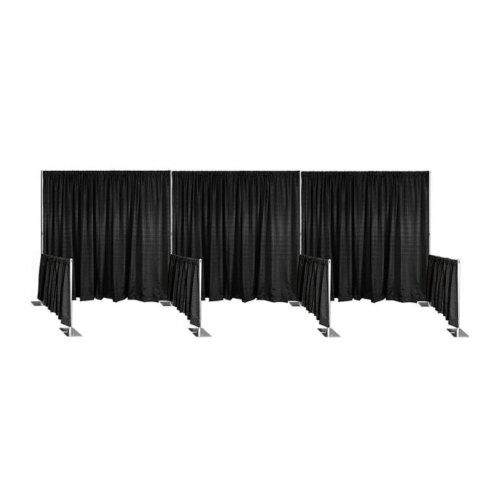 Three sections of black pipe and drape partitions with metal supports, forming a backdrop and dividers, often used for events or trade shows. The setup stands on a white background.