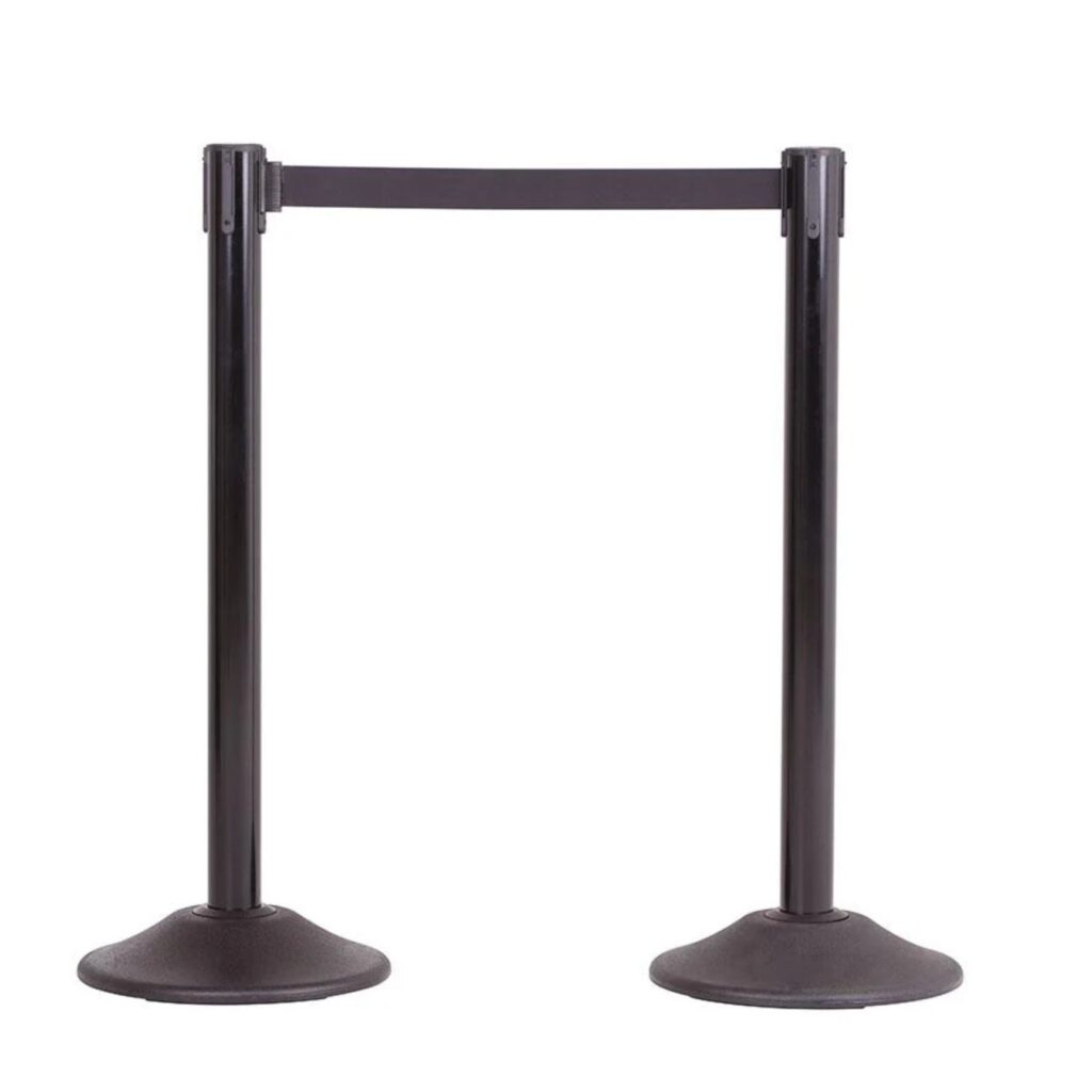 A black retractable belt barrier with two upright posts connected by a horizontal black belt, often used for crowd control or forming queues.