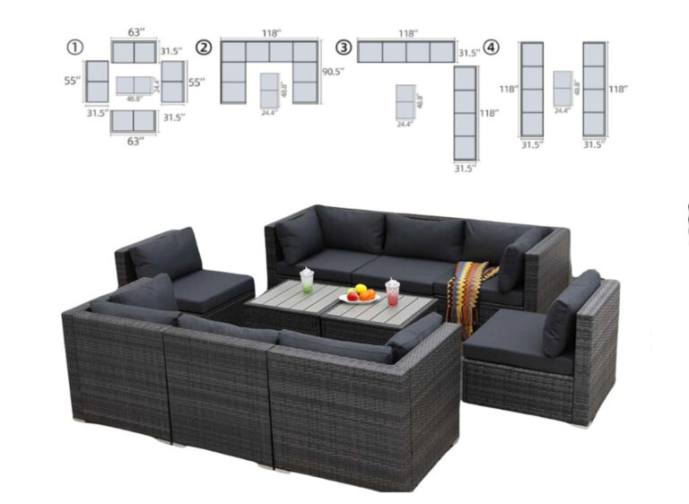 A modular outdoor sectional sofa set with dark cushions, a rectangular coffee table, drinks, and fruit on top. Arrangement diagrams with measurements are shown above the set, illustrating different layout options.