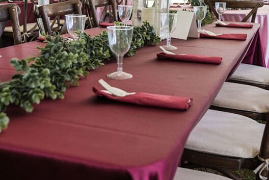 A long table with a burgundy tablecloth is set for an event, decorated with a green leafy garland, clear plastic cups, red napkins, and wooden chairs, all under a large outdoor tent.
