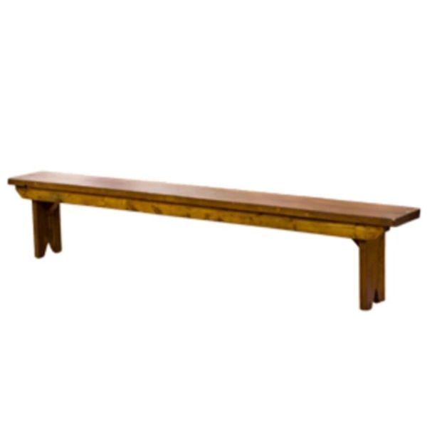 A long, simple wooden bench with four sturdy legs and a flat, rectangular seat—perfect to pair with rent tables, linens, and chairs for your holiday party—photographed on a white background.
