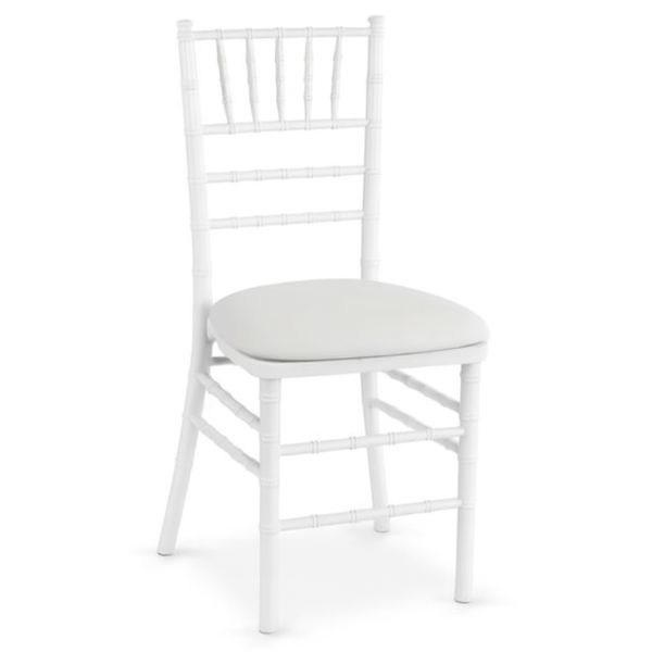 A white wooden Chiavari chair with a padded seat and vertical slats on the backrest, designed in a classic style—perfect when you rent tables, linens, and chairs for your holiday party.