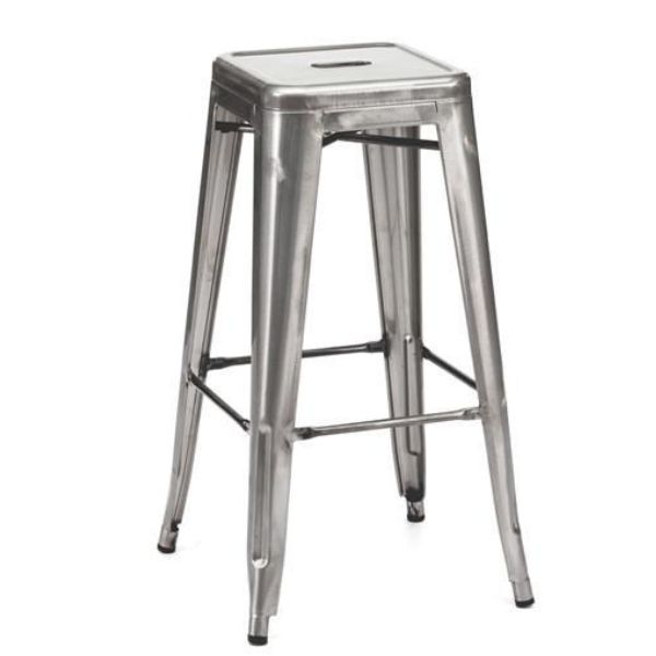 A tall, metal bar stool with a square seat, footrests on all sides, and a metallic silver finish. Perfect for modern, industrial spaces or when you need to rent tables, linens, and chairs for your holiday party. Features a handy seat cutout.