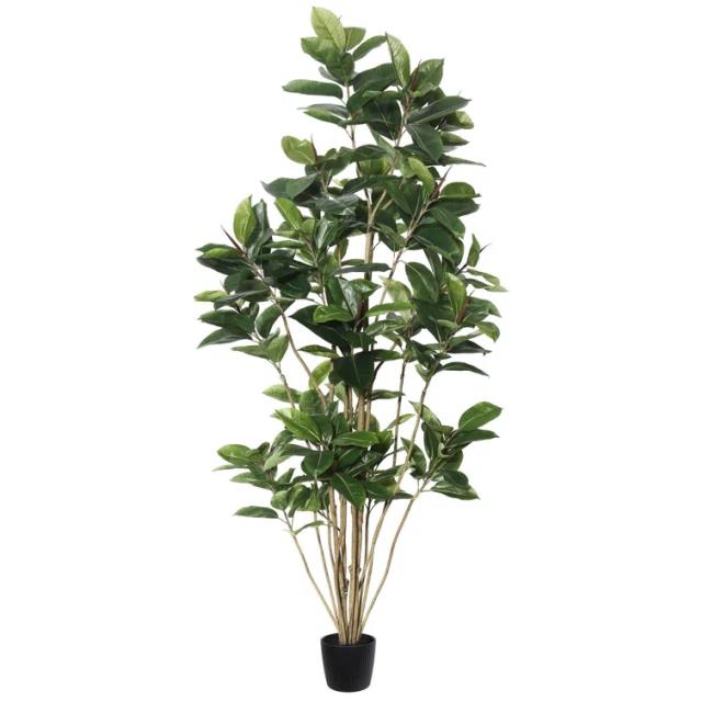 A tall, artificial potted plant with numerous thick green leaves and multiple slender, brown stems, set in a simple black pot. Perfect to complement your space as you rent tables, linens, and chairs for your holiday party.