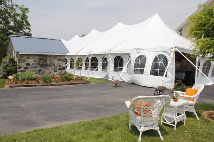 A large white event tent with arched windows stands next to a stone shed and gardens—perfect for gathering holiday party ideas. Two wicker chairs with orange pillows sit on the lawn, while two geese stroll along the paved driveway nearby.