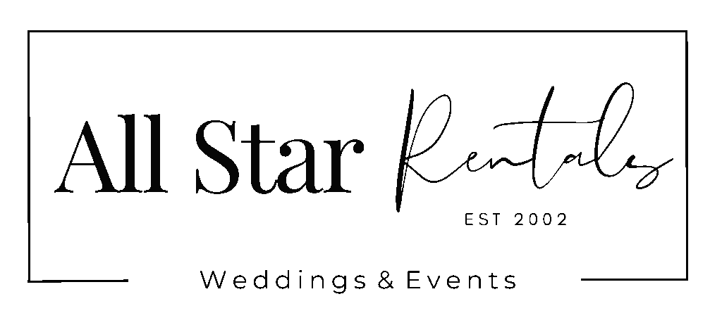 Logo for All Star Rentals featuring the text “All Star Rentals EST 2002” in elegant fonts, with “Weddings & Events” below, all enclosed within a thin rectangular border.