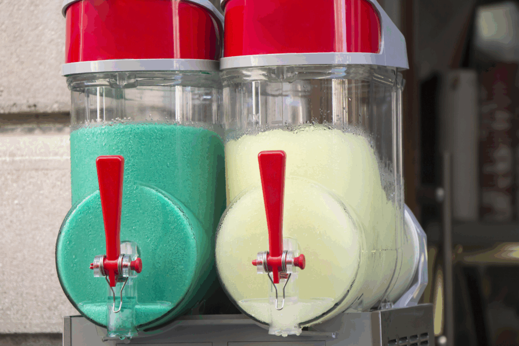 Two slushie machines side by side, filled with bright green and pale yellow frozen drinks, each with a red dispenser handle in front—perfect for fun holiday party ideas. The background shows a building wall and blurred objects.